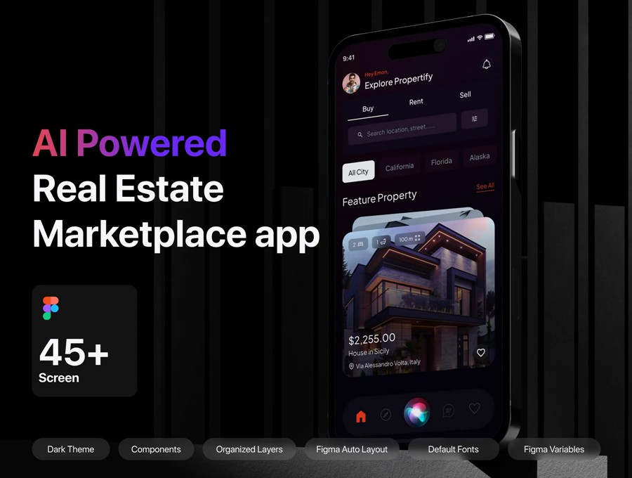 45+屏高级双配色Ai智能房地产房屋出售租赁软件APP UI界面设计Figma模板 Ai Powered Propertify Real Estate Marketplace App UI Kit APP UI 第1张-素材湾丨精选海外优质设计素材资源 45+屏高级双配色Ai智能房地产房屋出售租赁软件APP UI界面设计Figma模板 Ai Powered Propertify Real Estate Marketplace App UI Kit APP UI sucaiwan.com