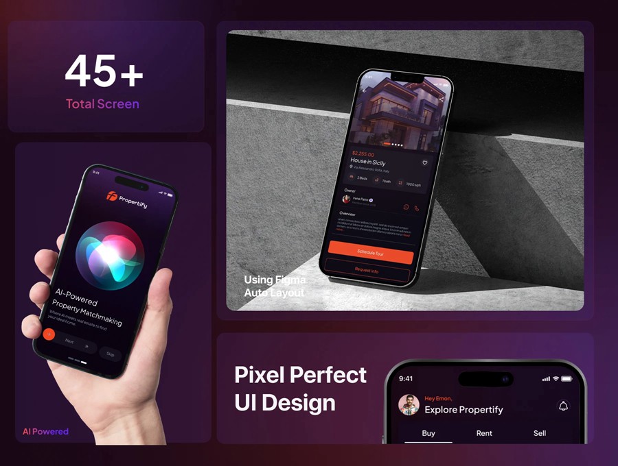 45+屏高级双配色Ai智能房地产房屋出售租赁软件APP UI界面设计Figma模板 Ai Powered Propertify Real Estate Marketplace App UI Kit APP UI 第2张-素材湾丨精选海外优质设计素材资源 45+屏高级双配色Ai智能房地产房屋出售租赁软件APP UI界面设计Figma模板 Ai Powered Propertify Real Estate Marketplace App UI Kit APP UI sucaiwan.com
