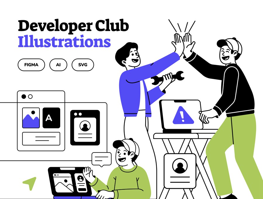10款创意白领办公室协作办公场景插图插画Ai/Figma矢量设计素材 Developer Club Illustration Pack 图片素材 sucaiwan.com