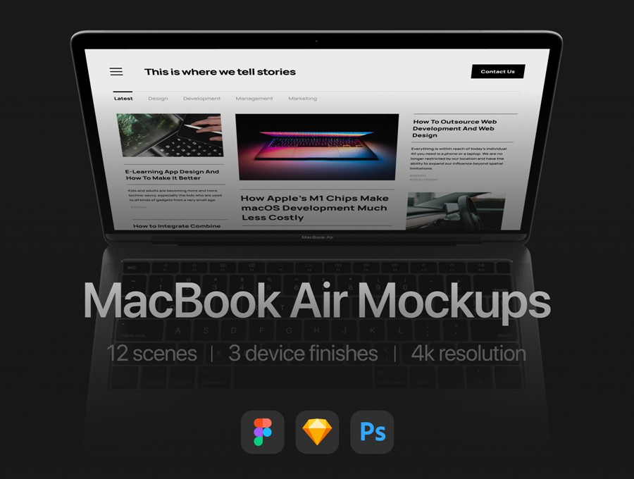 12款暗黑系网站UI界面设计苹果MacBook Air笔记本电脑展示效果图PSD样机模板 12 Most Popular MacBook Air Mockups 样机素材 第1张-素材湾丨精选海外优质设计素材资源 12款暗黑系网站UI界面设计苹果MacBook Air笔记本电脑展示效果图PSD样机模板 12 Most Popular MacBook Air Mockups 样机素材 sucaiwan.com