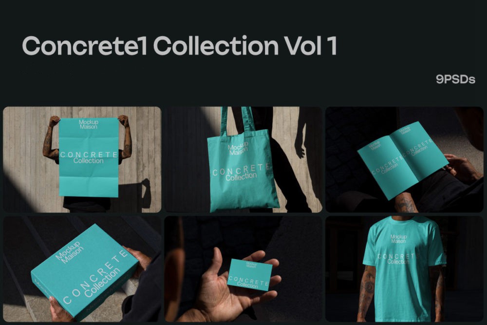 9款小众T恤半袖名片画册帆布手提袋快递纸盒VI设计展示贴图PSD样机模板 Mockup.Maison – Concrete1 Collection Vol 1 样机素材 sucaiwan.com