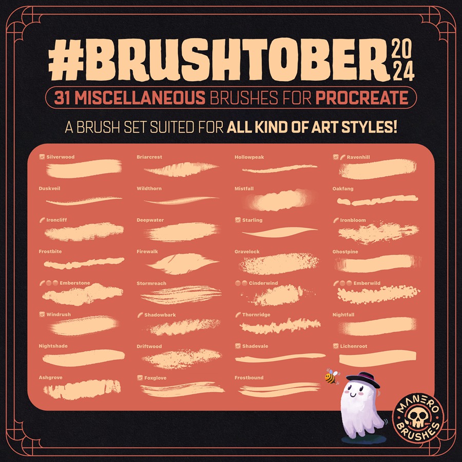 超酷卡通手绘插画绘画水墨素描颗粒纹理毛笔笔刷procreate笔刷画笔素材 Brushtober 2024 Brush Set for Procreate 笔刷资源 第2张-素材湾丨精选海外优质设计素材资源 超酷卡通手绘插画绘画水墨素描颗粒纹理毛笔笔刷procreate笔刷画笔素材 Brushtober 2024 Brush Set for Procreate 笔刷资源 sucaiwan.com