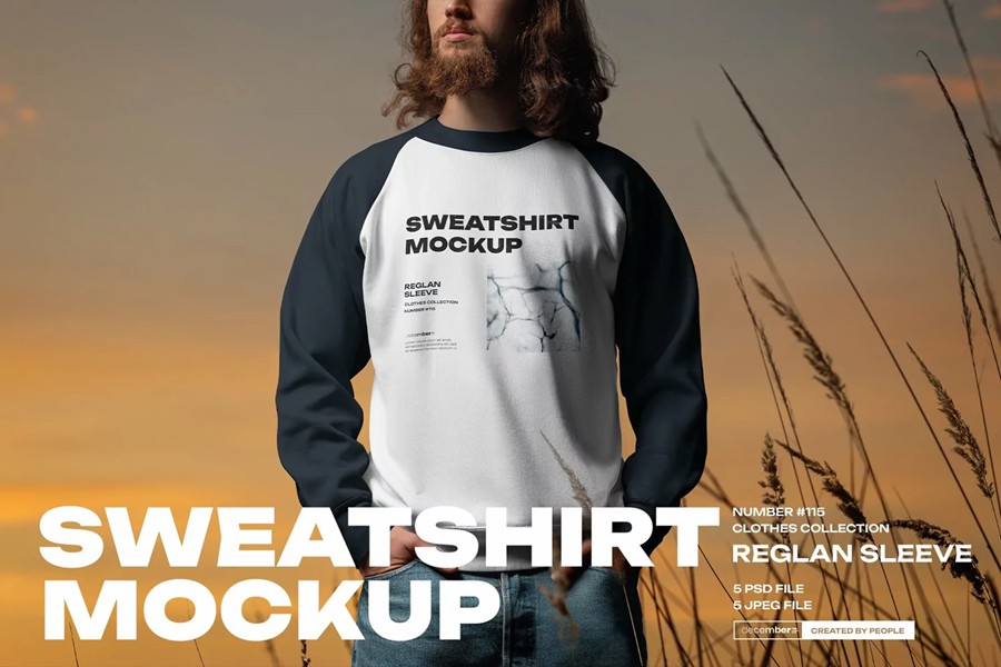 6款日落男模特春秋加厚卫衣印花图案设计展示效果图PS贴图样机 6 Mockups of Men’s Raglan Sleeve Sweatshirt on the Sunset Outdoor 样机素材 sucaiwan.com