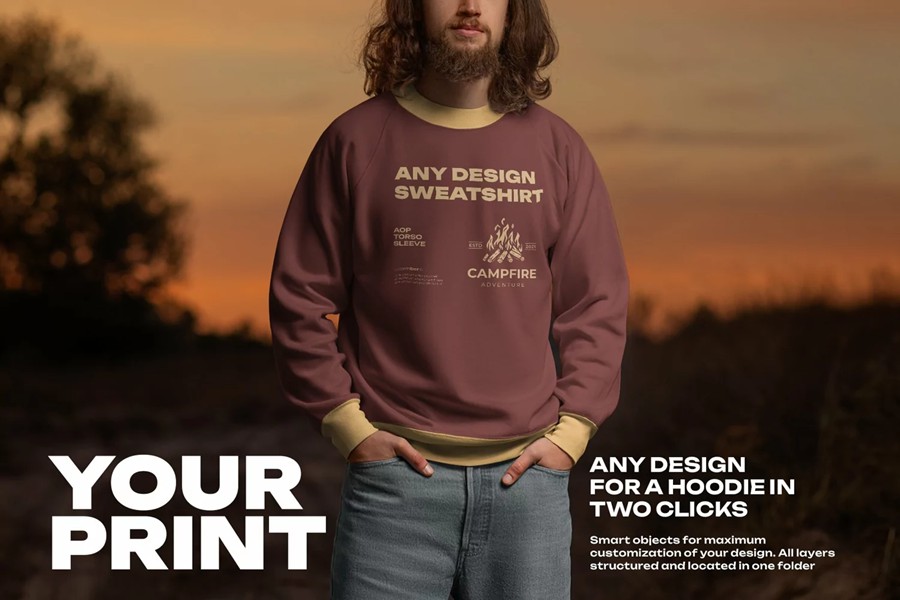 6款日落男模特春秋加厚卫衣印花图案设计展示效果图PS贴图样机 6 Mockups of Men’s Raglan Sleeve Sweatshirt on the Sunset Outdoor 样机素材 sucaiwan.com