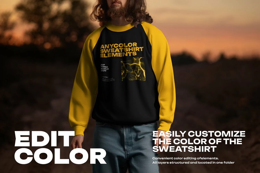 6款日落男模特春秋加厚卫衣印花图案设计展示效果图PS贴图样机 6 Mockups of Men’s Raglan Sleeve Sweatshirt on the Sunset Outdoor 样机素材 sucaiwan.com