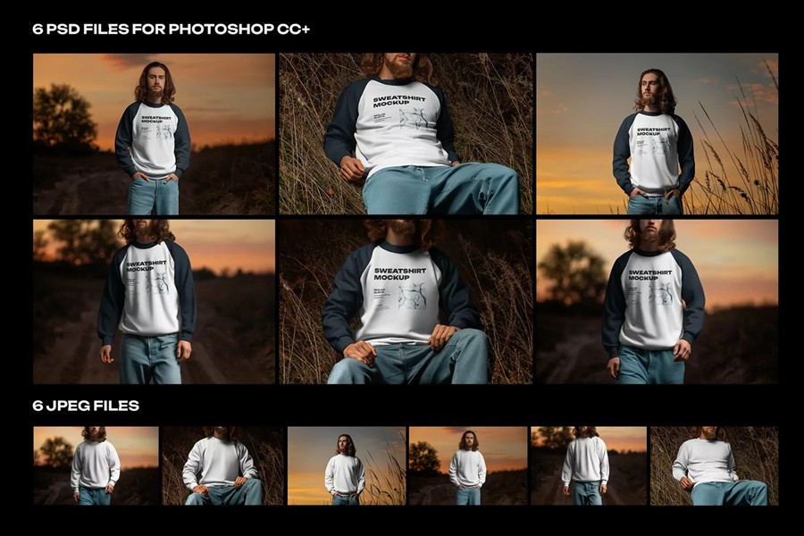 6款日落男模特春秋加厚卫衣印花图案设计展示效果图PS贴图样机 6 Mockups of Men’s Raglan Sleeve Sweatshirt on the Sunset Outdoor 样机素材 sucaiwan.com