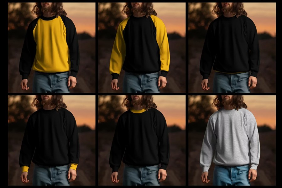 6款日落男模特春秋加厚卫衣印花图案设计展示效果图PS贴图样机 6 Mockups of Men’s Raglan Sleeve Sweatshirt on the Sunset Outdoor 样机素材 sucaiwan.com