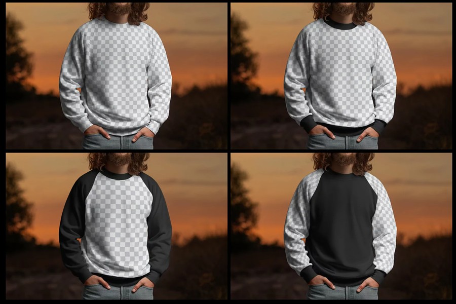 6款日落男模特春秋加厚卫衣印花图案设计展示效果图PS贴图样机 6 Mockups of Men’s Raglan Sleeve Sweatshirt on the Sunset Outdoor 样机素材 sucaiwan.com