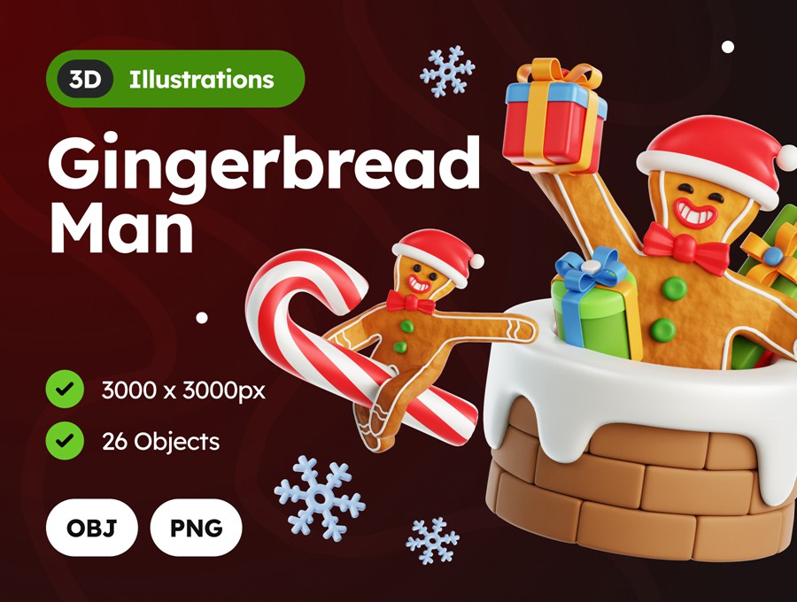 26款卡通趣味圣诞老人3D姜饼人插图插画设计OBJ/PNG格式素材 3D Gingerbread Man 图片素材 sucaiwan.com