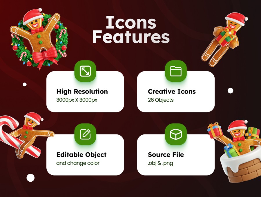 26款卡通趣味圣诞老人3D姜饼人插图插画设计OBJ/PNG格式素材 3D Gingerbread Man 图片素材 sucaiwan.com