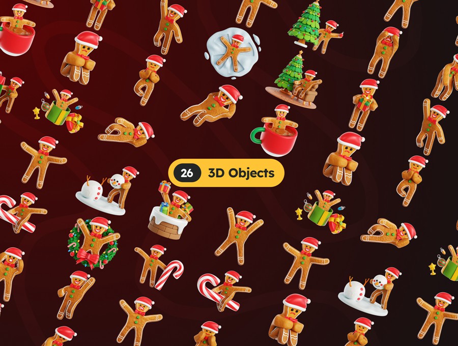 26款卡通趣味圣诞老人3D姜饼人插图插画设计OBJ/PNG格式素材 3D Gingerbread Man 图片素材 sucaiwan.com