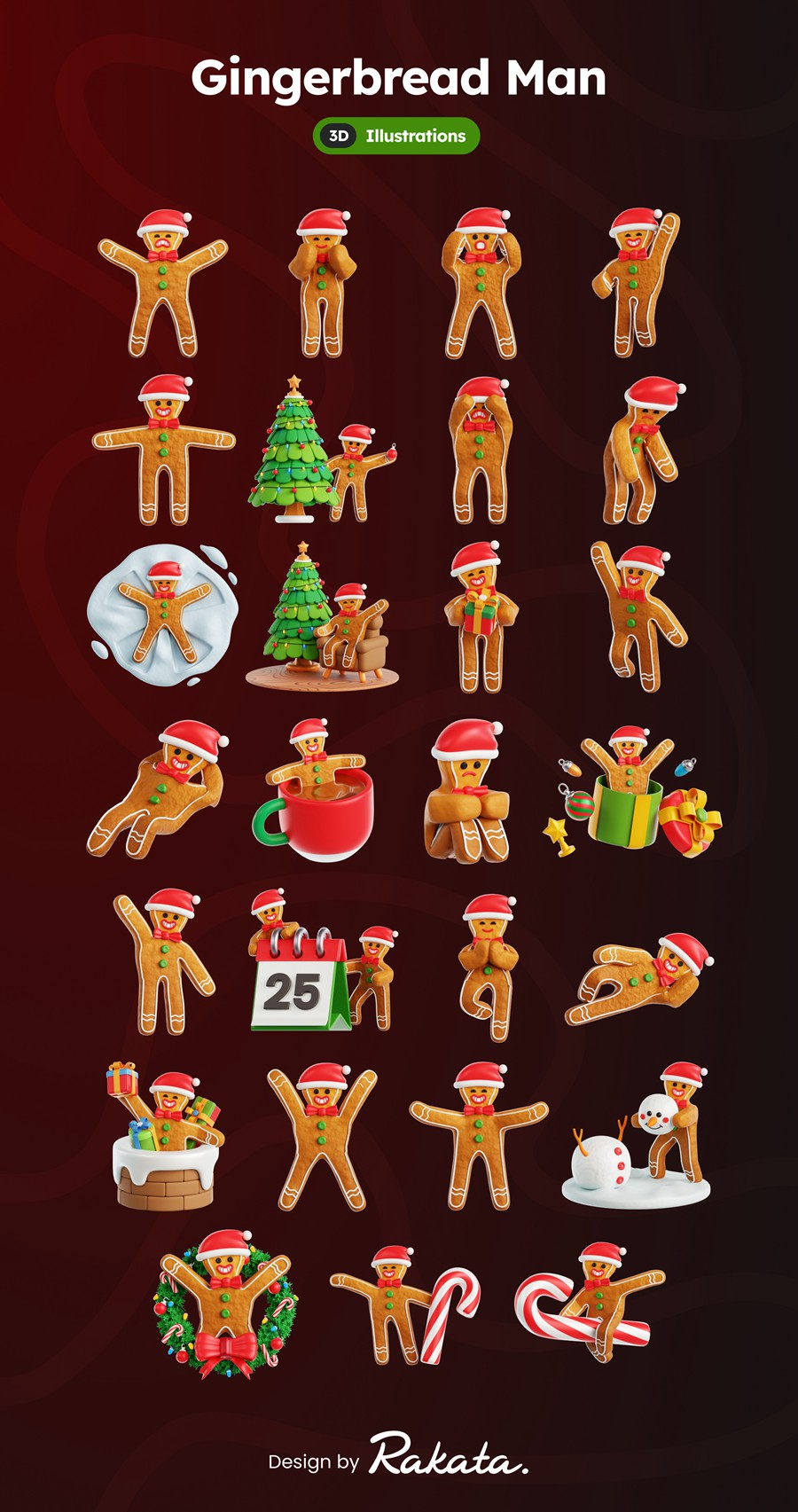 26款卡通趣味圣诞老人3D姜饼人插图插画设计OBJ/PNG格式素材 3D Gingerbread Man 图片素材 sucaiwan.com