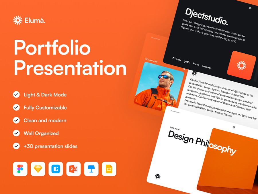 30+屏现代流行个人简历作品集图文排版新潮演示文稿设计Figma/PPT/Keynote格式素材 Eluma – Portfolio Presentation 幻灯图表 sucaiwan.com