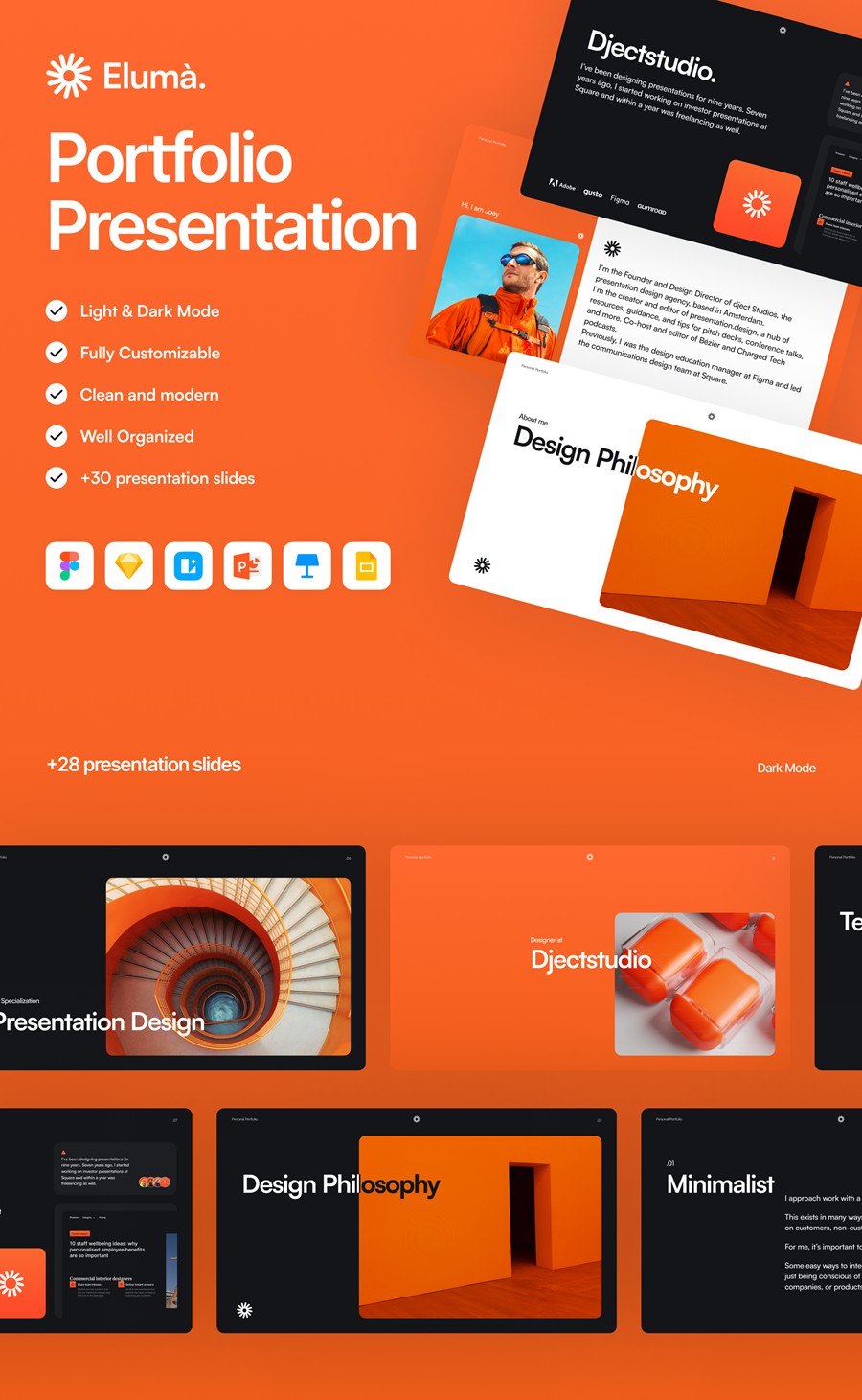 30+屏现代流行个人简历作品集图文排版新潮演示文稿设计Figma/PPT/Keynote格式素材 Eluma – Portfolio Presentation 幻灯图表 sucaiwan.com
