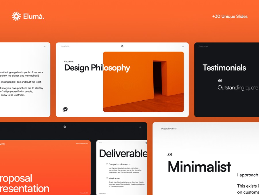 30+屏现代流行个人简历作品集图文排版新潮演示文稿设计Figma/PPT/Keynote格式素材 Eluma – Portfolio Presentation 幻灯图表 sucaiwan.com