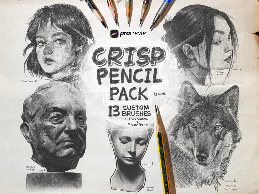 真实铅笔素描木炭笔线条绘画插画procreate笔刷画笔素材 CRISP Pencil Pack for Procreate 笔刷资源 sucaiwan.com