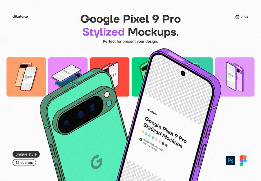 9款卡通风格化谷歌安卓Google Pixel 9 Pro手机UI广告设计展示贴图样机PS/Figma格式素材 Google Pixel 9 Pro Stylized Mockups 样机素材 sucaiwan.com