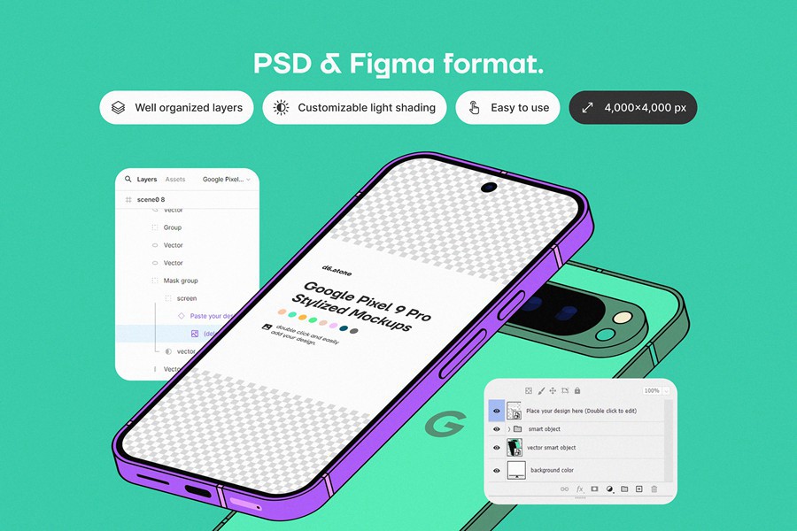9款卡通风格化谷歌安卓Google Pixel 9 Pro手机UI广告设计展示贴图样机PS/Figma格式素材 Google Pixel 9 Pro Stylized Mockups 样机素材 sucaiwan.com