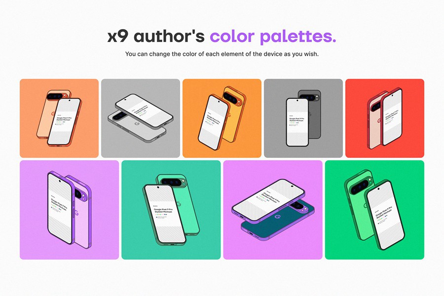 9款卡通风格化谷歌安卓Google Pixel 9 Pro手机UI广告设计展示贴图样机PS/Figma格式素材 Google Pixel 9 Pro Stylized Mockups 样机素材 sucaiwan.com