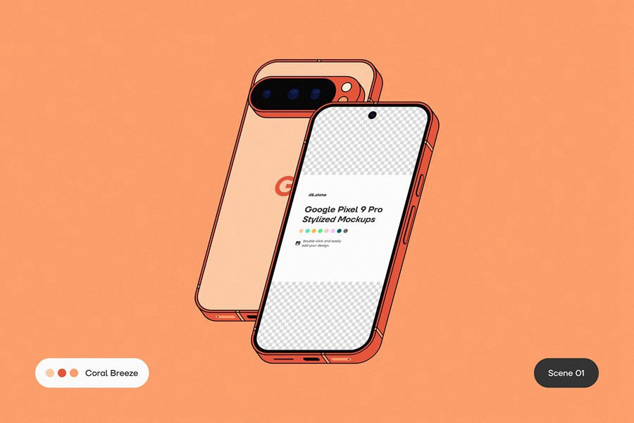 9款卡通风格化谷歌安卓Google Pixel 9 Pro手机UI广告设计展示贴图样机PS/Figma格式素材 Google Pixel 9 Pro Stylized Mockups 样机素材 sucaiwan.com