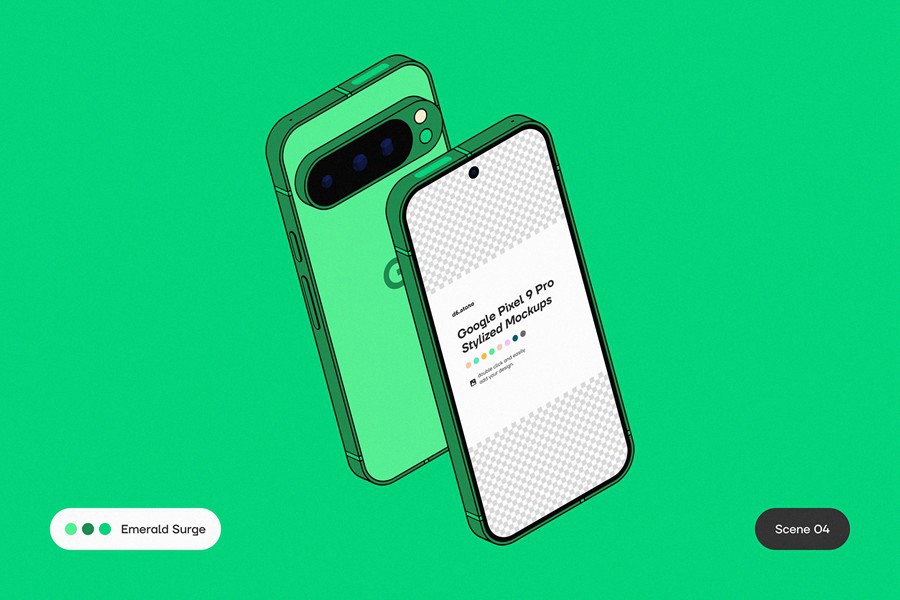 9款卡通风格化谷歌安卓Google Pixel 9 Pro手机UI广告设计展示贴图样机PS/Figma格式素材 Google Pixel 9 Pro Stylized Mockups 样机素材 sucaiwan.com