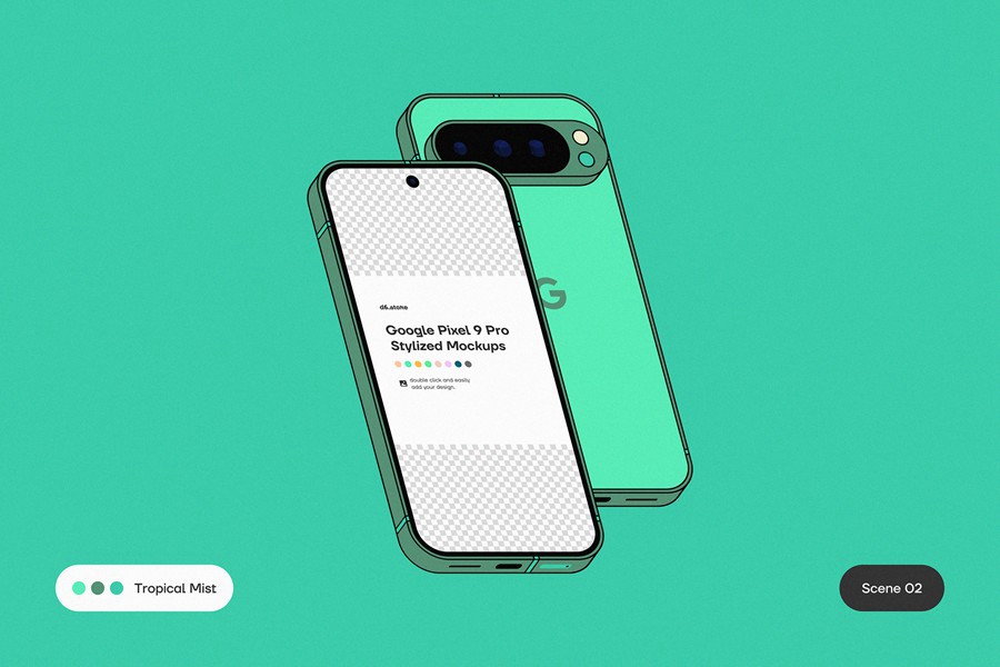 9款卡通风格化谷歌安卓Google Pixel 9 Pro手机UI广告设计展示贴图样机PS/Figma格式素材 Google Pixel 9 Pro Stylized Mockups 样机素材 sucaiwan.com