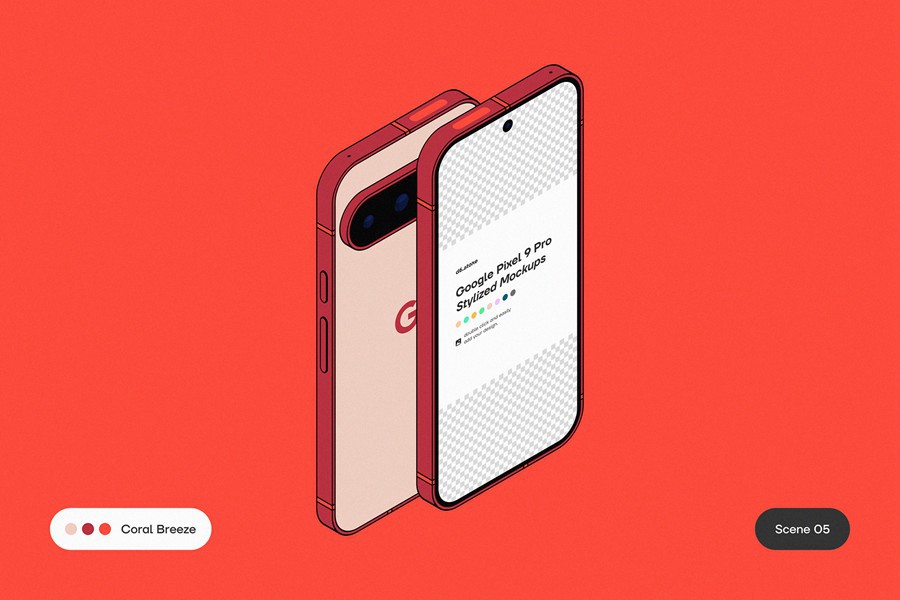 9款卡通风格化谷歌安卓Google Pixel 9 Pro手机UI广告设计展示贴图样机PS/Figma格式素材 Google Pixel 9 Pro Stylized Mockups 样机素材 sucaiwan.com