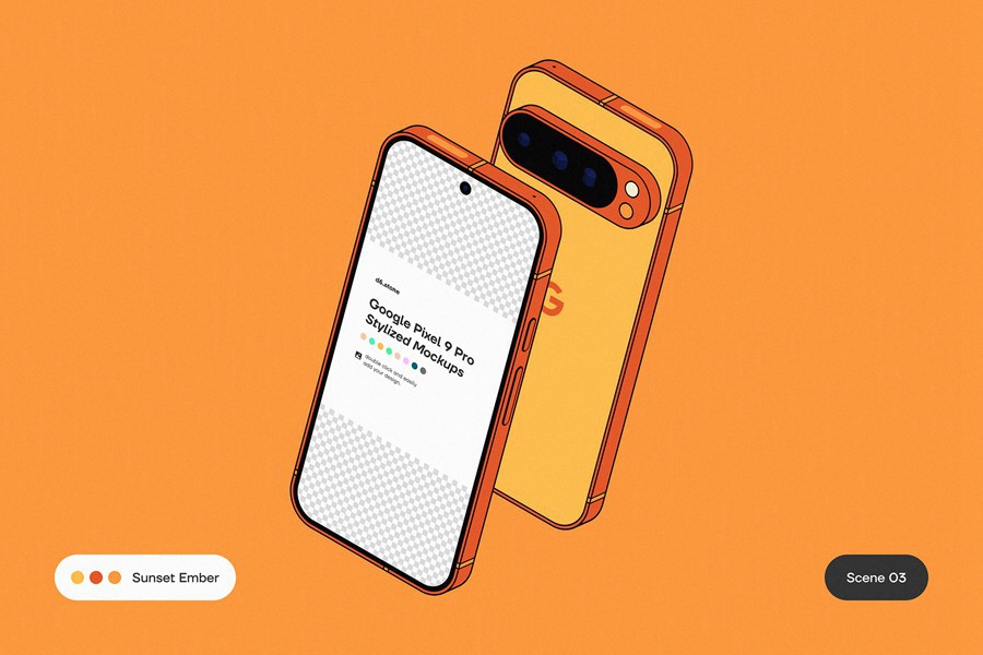 9款卡通风格化谷歌安卓Google Pixel 9 Pro手机UI广告设计展示贴图样机PS/Figma格式素材 Google Pixel 9 Pro Stylized Mockups 样机素材 sucaiwan.com