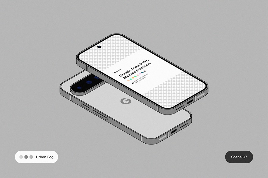 9款卡通风格化谷歌安卓Google Pixel 9 Pro手机UI广告设计展示贴图样机PS/Figma格式素材 Google Pixel 9 Pro Stylized Mockups 样机素材 sucaiwan.com
