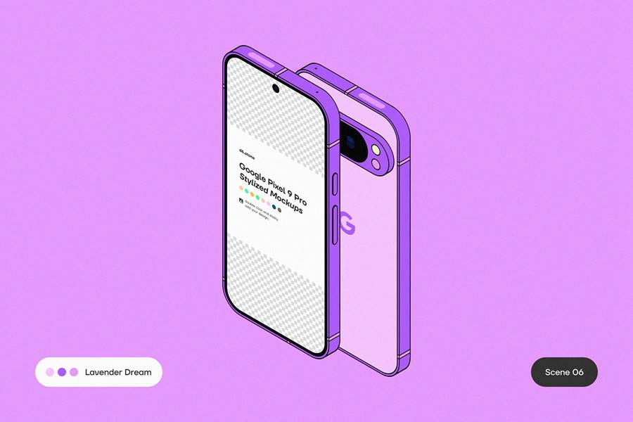 9款卡通风格化谷歌安卓Google Pixel 9 Pro手机UI广告设计展示贴图样机PS/Figma格式素材 Google Pixel 9 Pro Stylized Mockups 样机素材 sucaiwan.com