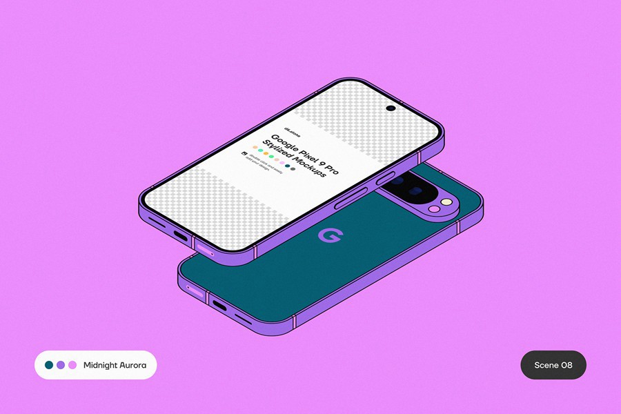 9款卡通风格化谷歌安卓Google Pixel 9 Pro手机UI广告设计展示贴图样机PS/Figma格式素材 Google Pixel 9 Pro Stylized Mockups 样机素材 sucaiwan.com
