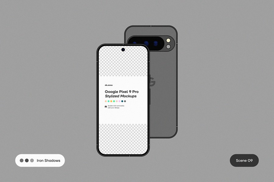 9款卡通风格化谷歌安卓Google Pixel 9 Pro手机UI广告设计展示贴图样机PS/Figma格式素材 Google Pixel 9 Pro Stylized Mockups 样机素材 sucaiwan.com