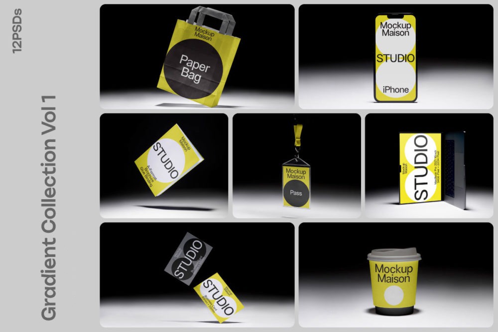 12款小众VI品牌设计购物纸袋咖啡杯画册名片工作证iPad平板MacBook电脑iPhone手机贴图PSD样机模板 Mockup.Maison – Gradient Collection Vol 1 样机素材 sucaiwan.com