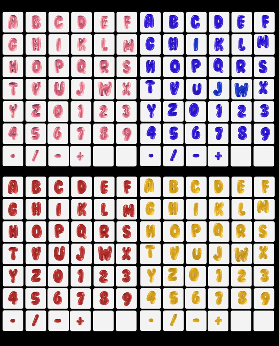 800个复古Y2K风格趣味创意3D膨胀透明塑料金属软糖气泡大写英文字母PNG免扣视觉设计套装 Wobbly Bubbly Letters with 3D Style and 20 Variations , sucaiwan.com