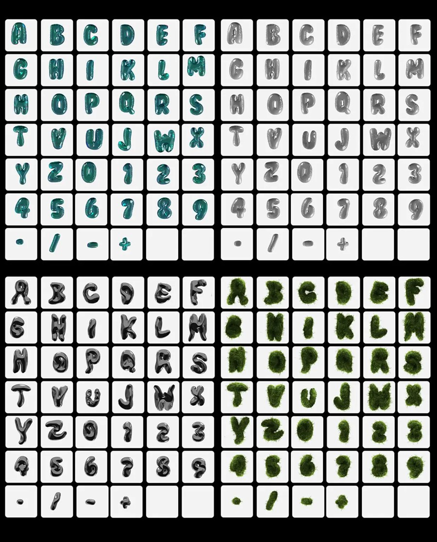800个复古Y2K风格趣味创意3D膨胀透明塑料金属软糖气泡大写英文字母PNG免扣视觉设计套装 Wobbly Bubbly Letters with 3D Style and 20 Variations , sucaiwan.com