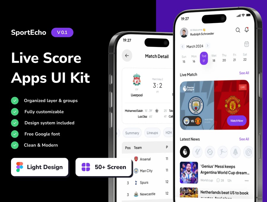 50+屏简约足球篮球体育赛事比赛直播APP UI界面设计Figma模板套件 SportEcho – Football Live Score Mobile App UI Kit APP UI 第1张-素材湾丨精选海外优质设计素材资源 50+屏简约足球篮球体育赛事比赛直播APP UI界面设计Figma模板套件 SportEcho – Football Live Score Mobile App UI Kit APP UI sucaiwan.com