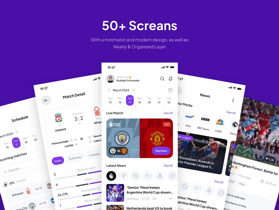 50+屏简约足球篮球体育赛事比赛直播APP UI界面设计Figma模板套件 SportEcho – Football Live Score Mobile App UI Kit APP UI 第4张-素材湾丨精选海外优质设计素材资源 50+屏简约足球篮球体育赛事比赛直播APP UI界面设计Figma模板套件 SportEcho – Football Live Score Mobile App UI Kit APP UI sucaiwan.com