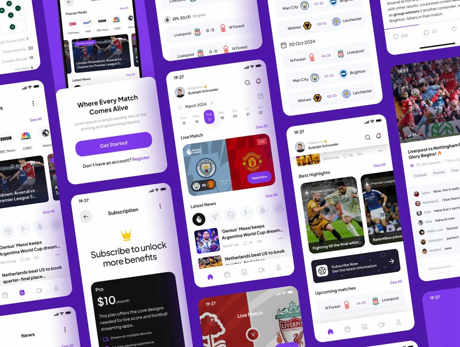 50+屏简约足球篮球体育赛事比赛直播APP UI界面设计Figma模板套件 SportEcho – Football Live Score Mobile App UI Kit APP UI 第5张-素材湾丨精选海外优质设计素材资源 50+屏简约足球篮球体育赛事比赛直播APP UI界面设计Figma模板套件 SportEcho – Football Live Score Mobile App UI Kit APP UI sucaiwan.com
