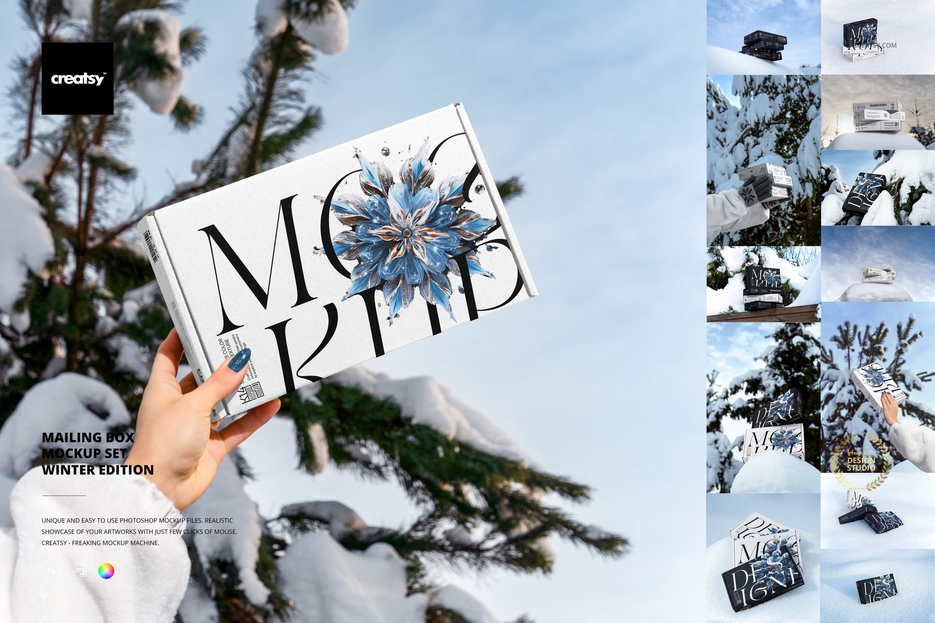 13款实拍冬天雪地场景产品包装纸盒快递盒设计展示效果图PS贴图样机模板 Mailing Box Mockup Set (Winter Edition) by Crеаtsy 样机素材 第1张-素材湾丨精选海外优质设计素材资源 13款实拍冬天雪地场景产品包装纸盒快递盒设计展示效果图PS贴图样机模板 Mailing Box Mockup Set (Winter Edition) by Crеаtsy 样机素材 sucaiwan.com