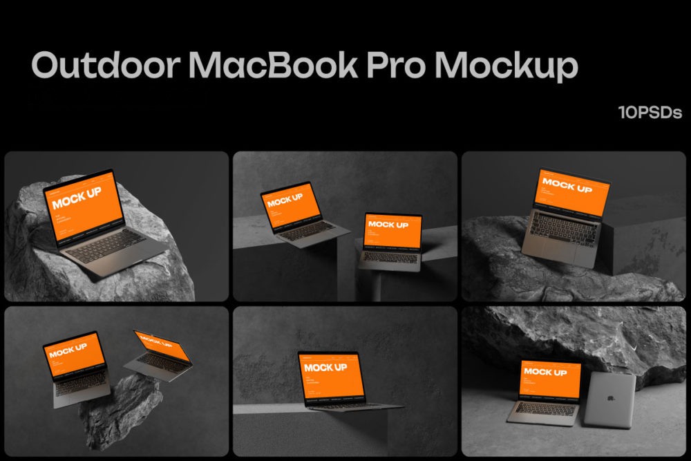 10款暗黑系岩石背景UI广告设计苹果MacBook Pro笔记本电脑贴图PSD样机模板 10 PSD Outdoor MacBook Pro Mockup 样机素材 sucaiwan.com