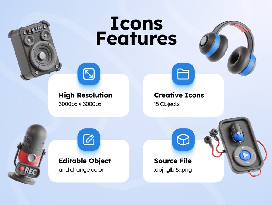 15款高级质感广播博客播音音频话筒音响设备3D插图图标Icons设计OBJ/PNG格式素材 3D Podcast and Audio Illustrations 图标素材 sucaiwan.com
