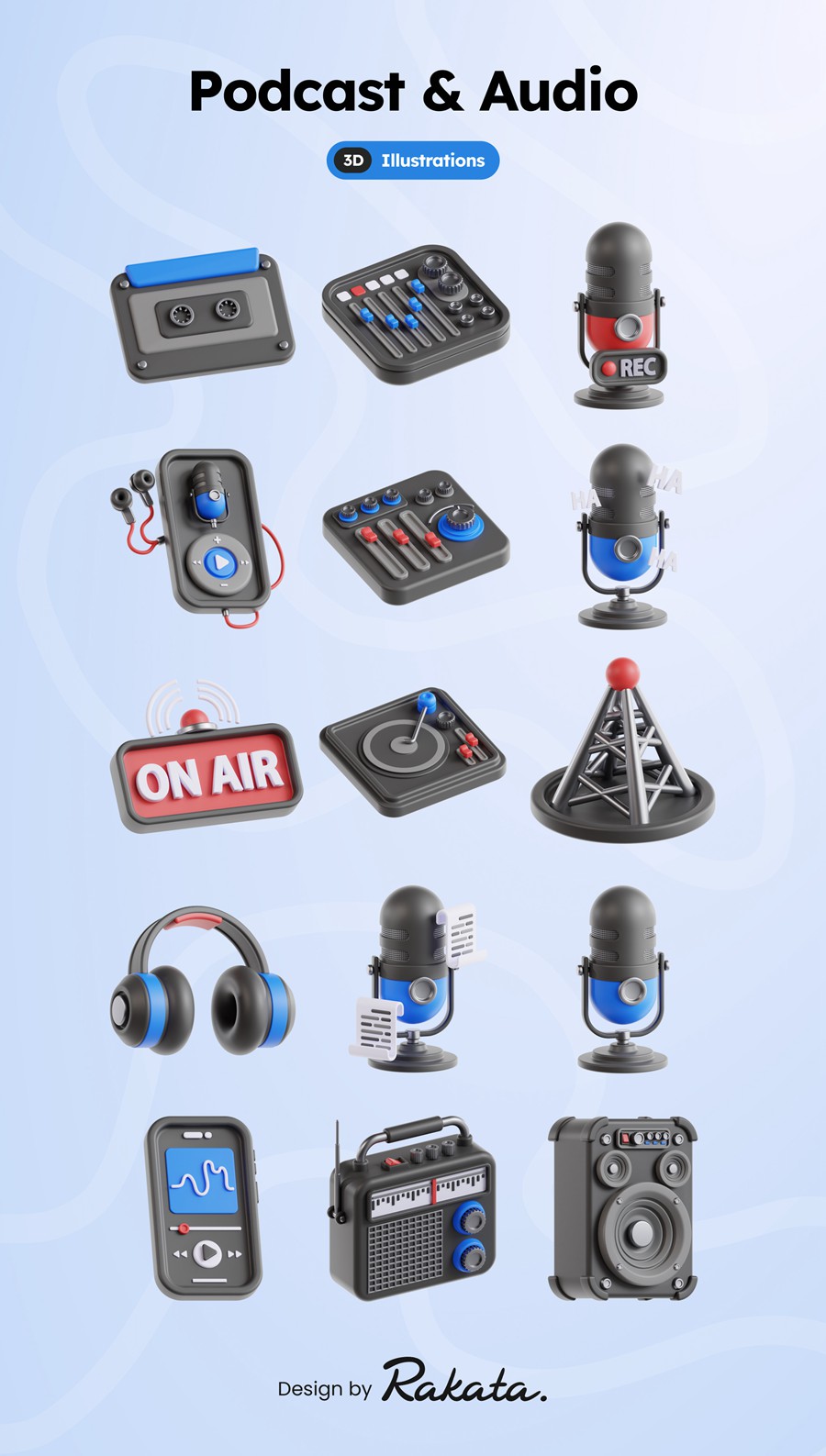 15款高级质感广播博客播音音频话筒音响设备3D插图图标Icons设计OBJ/PNG格式素材 3D Podcast and Audio Illustrations 图标素材 sucaiwan.com
