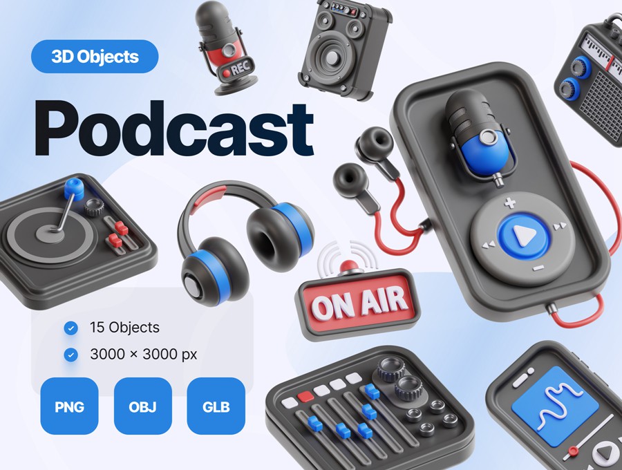 15款高级质感广播博客播音音频话筒音响设备3D插图图标Icons设计OBJ/PNG格式素材 3D Podcast and Audio Illustrations 图标素材 sucaiwan.com