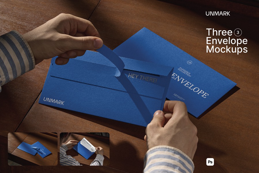逼真手持办公用品信封信笺设计展示效果图PS贴图样机MOCKUP模板素材 Envelope Mockups in hand 样机素材 sucaiwan.com