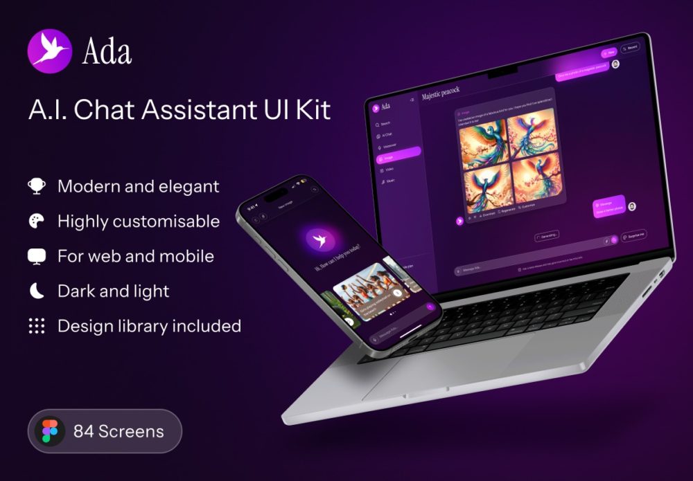 84屏响应式AI智能搜索图像图片视频生成器网站WEB UI界面设计Figma模板套件 Ada UI Kit APP UI sucaiwan.com