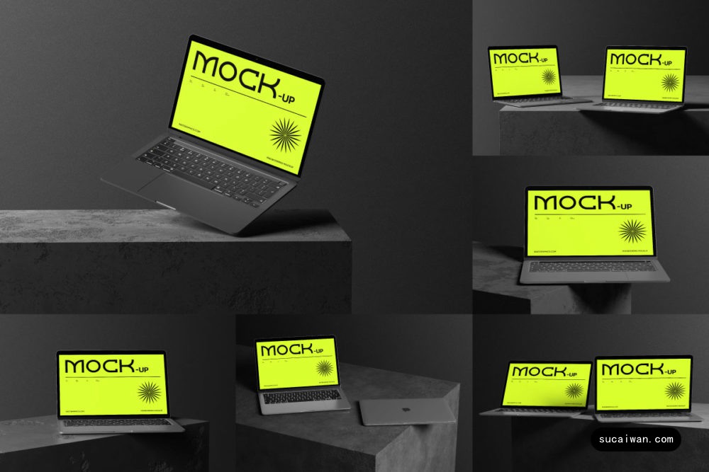 10款工业风混凝土背景网站UI界面设计苹果MacBook Pro笔记本电脑展示PS贴图样机模板 Laptop Mockup Template for Display 样机素材 sucaiwan.com