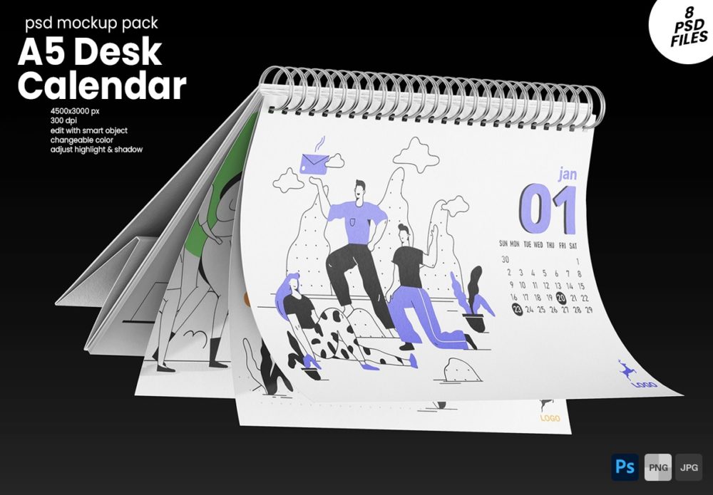 8款逼真A5横版台历日历个人作品集设计展示PS贴图样机MOCKUP模板素材 A5 Landscape Desk Calendar PSD Mockup Set 样机素材 第1张-素材湾丨精选海外优质设计素材资源 8款逼真A5横版台历日历个人作品集设计展示PS贴图样机MOCKUP模板素材 A5 Landscape Desk Calendar PSD Mockup Set 样机素材 sucaiwan.com