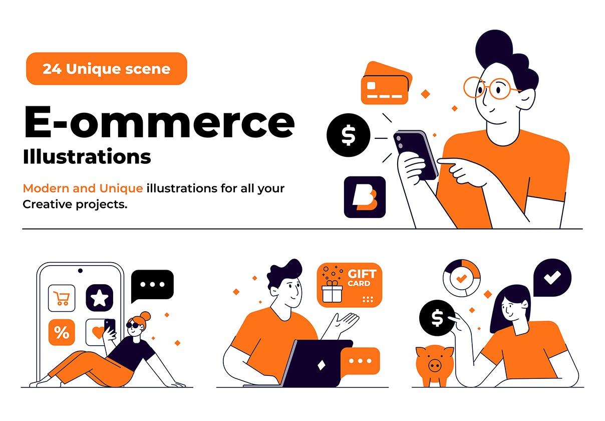 24幅创意电子商务在线购物商城插图插画设计AI/PS/Figma格式素材 Online shopping and E-commerce concept set 图片素材 第1张-素材湾丨精选海外优质设计素材资源 24幅创意电子商务在线购物商城插图插画设计AI/PS/Figma格式素材 Online shopping and E-commerce concept set 图片素材 sucaiwan.com