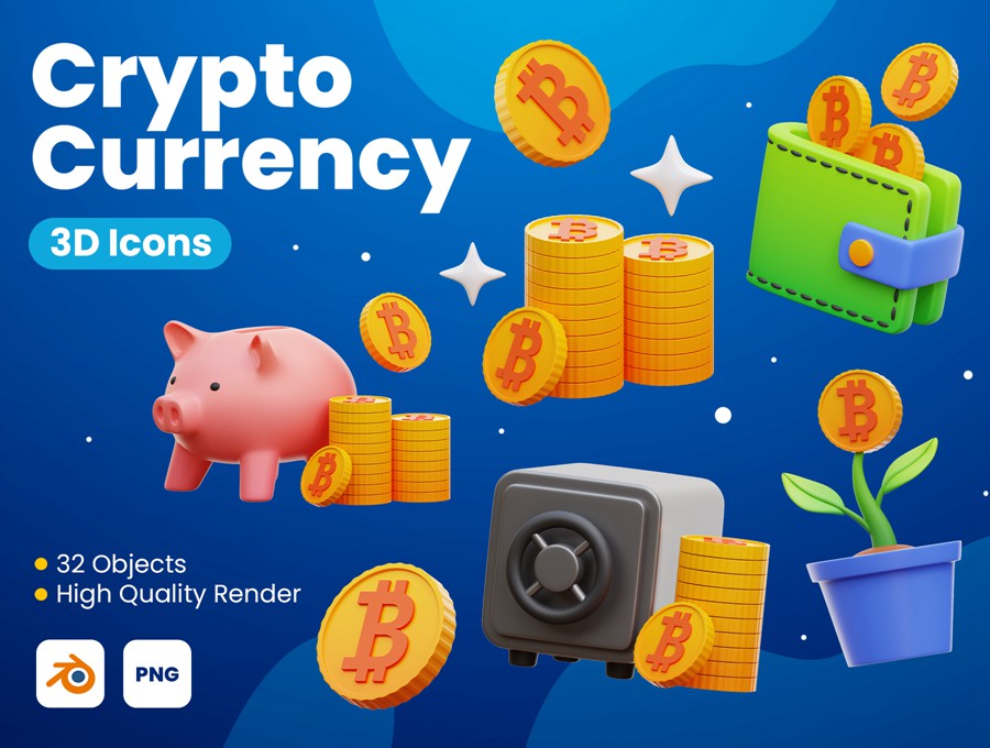 32款高级加密货币比特币金融理财3D图标Icons设计Blender/PNG格式素材 Cryptocurrency 3D Icons 图标素材 sucaiwan.com