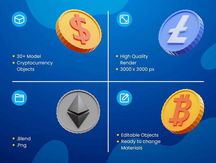 32款高级加密货币比特币金融理财3D图标Icons设计Blender/PNG格式素材 Cryptocurrency 3D Icons 图标素材 sucaiwan.com